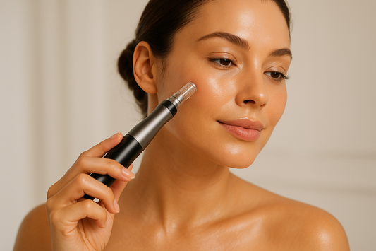 Woman with glowing skin using a microneedling pen